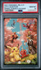 Pokémon trading card with characters and Pikachu, framed by a PSA grading label.