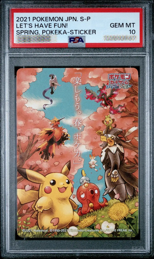 Pokémon trading card with characters and Pikachu, framed by a PSA grading label.