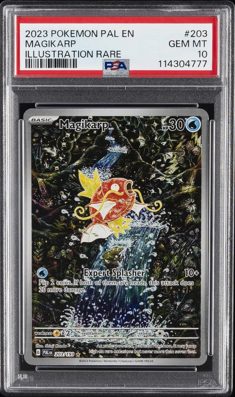 Pokémon trading card featuring Magikarp in a protective case with PSA grading label.
