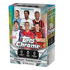 Topps Chrome premium trading cards packaging with soccer players on a white background