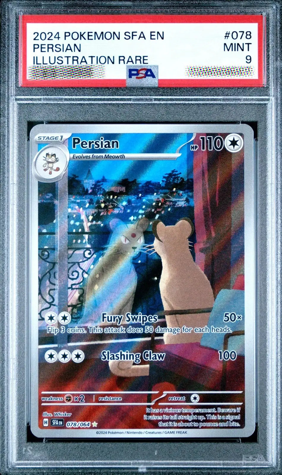 A graded Pokémon SFA EN Persian illustration card, PSA 9 Mint, sealed in a clear protective plastic holder against a white background.