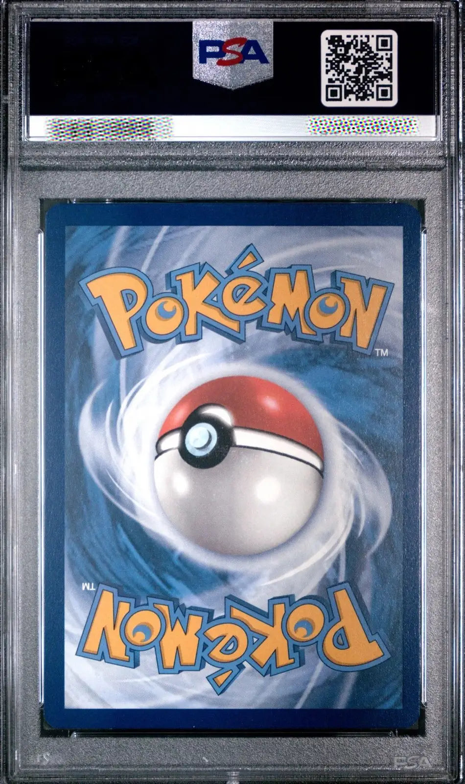 A Pokémon trading card inside a PSA graded plastic holder, with the card featuring a blue background and a large Pokémon Ball illustration.