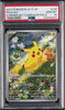 Pokémon trading card featuring Pikachu in a field with other Pokémon, encased in a protective holder.