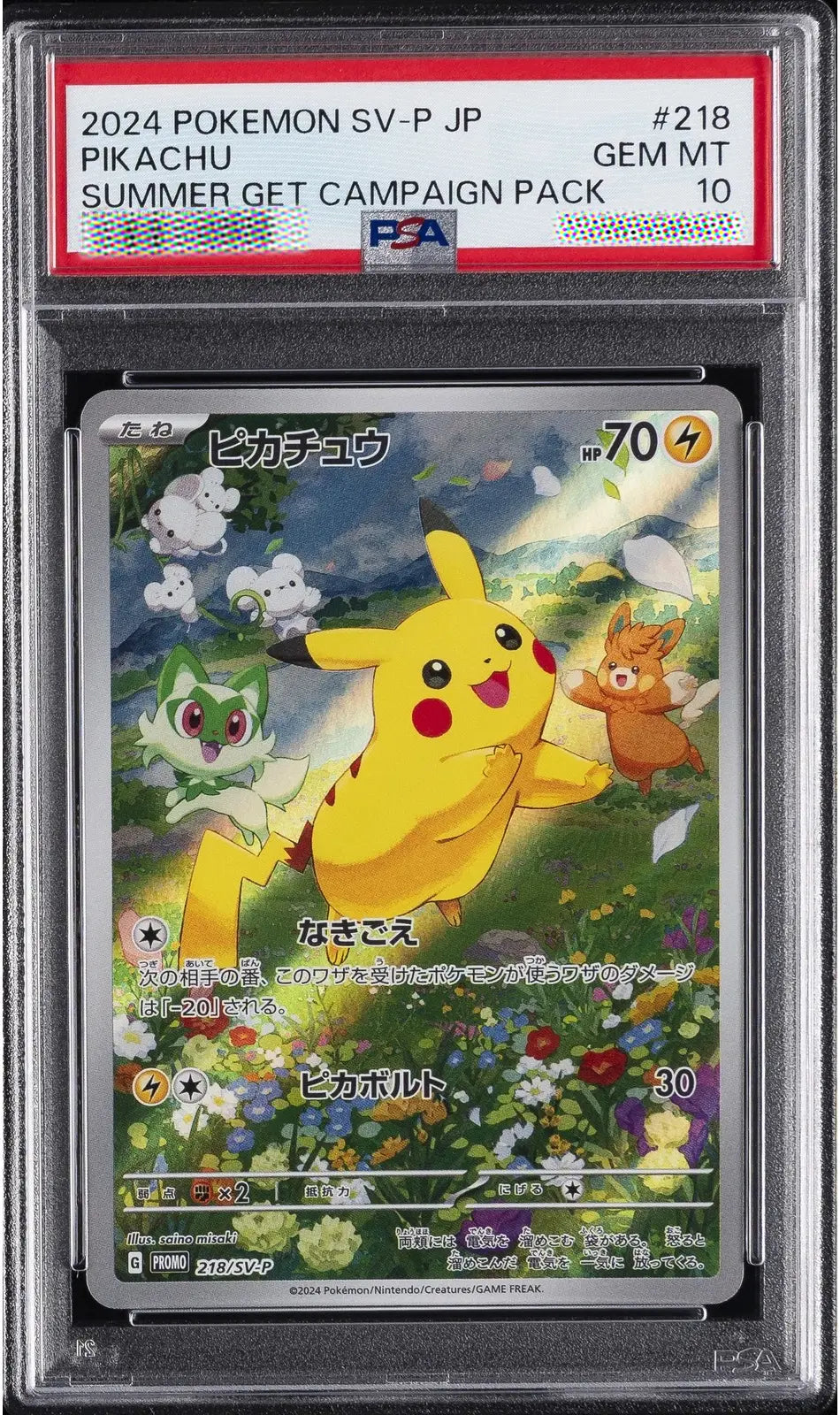 Pokémon trading card featuring Pikachu in a field with other Pokémon, encased in a protective holder.