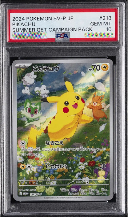 Pokémon trading card featuring Pikachu in a field with other Pokémon, encased in a protective holder.
