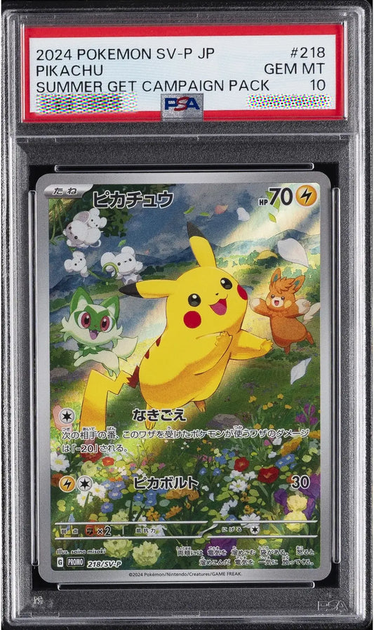 Pokémon trading card featuring Pikachu in a field with other Pokémon, encased in a protective holder.