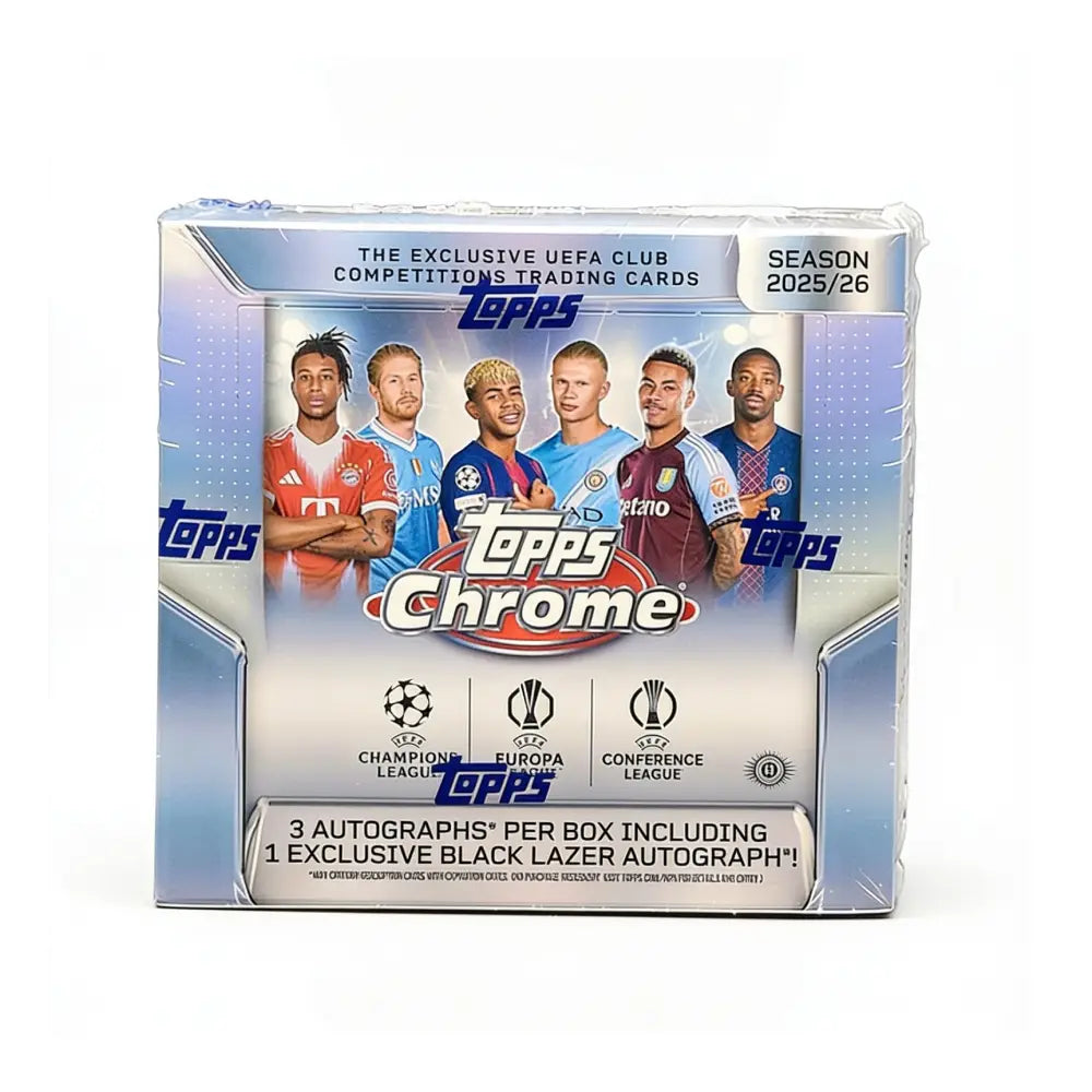 Topps Chrome trading card pack featuring soccer players on a white background