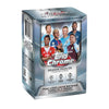 Topps Chrome Season 2025/26 trading cards box, featuring a metallic silver and blue design with player photos and official UEFA competition logos.