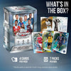 Topps Chrome Season 2025/26 Trading Card Box promotional graphic showing the front and side of the box, several sample trading cards, and text reading 'WHAT'S IN THE BOX?' and '4 CARDS PER PACK' and '7 PACKS PER BOX'.