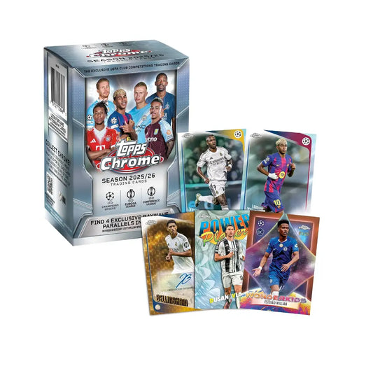 Topps Chrome Season 2025/26 trading card box shown with several sample player cards in front on a plain white background.