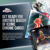 Promotional image for Topps Chrome trading cards featuring athletes on cards with text about new season cards.