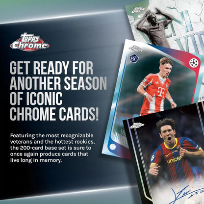 Promotional image for Topps Chrome trading cards featuring athletes on cards with text about new season cards.