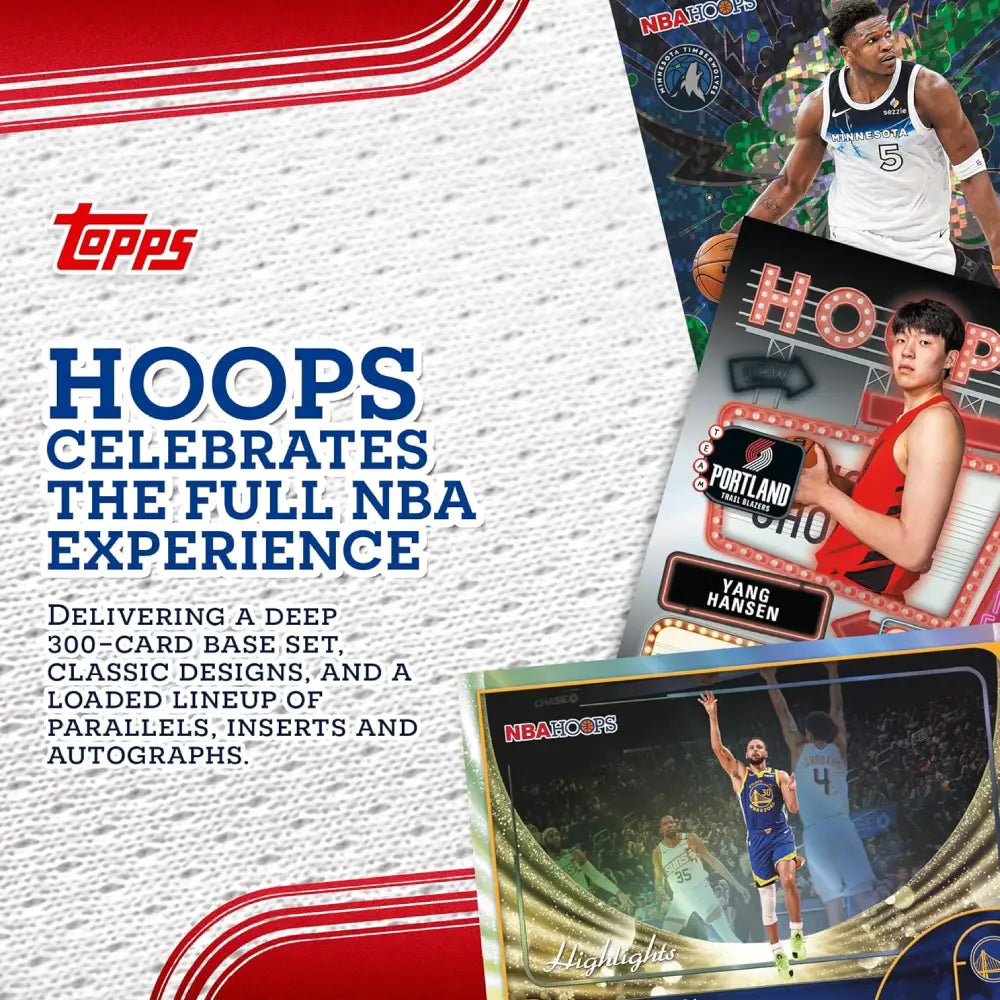 Topps Hoops basketball trading card set packaging with various cards and branding.