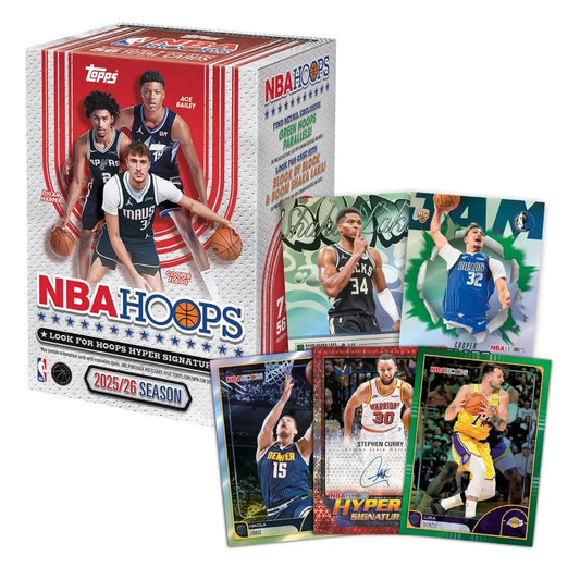 Topps NBA Hoops trading card pack and multiple cards on a white background