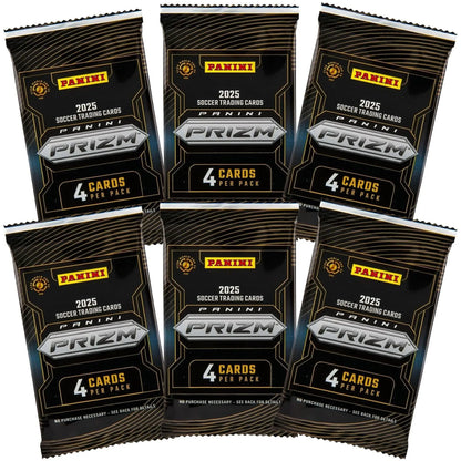 Six Panini Prizm FIFA Club World Cup 2025 soccer trading card packs included inside the blaster box with exclusive Prizm parallels and inserts.