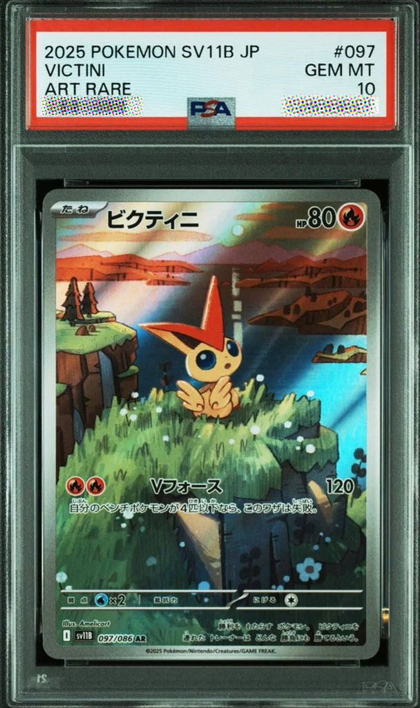Pokémon trading card featuring Victini with a scenic background, graded by PSA.