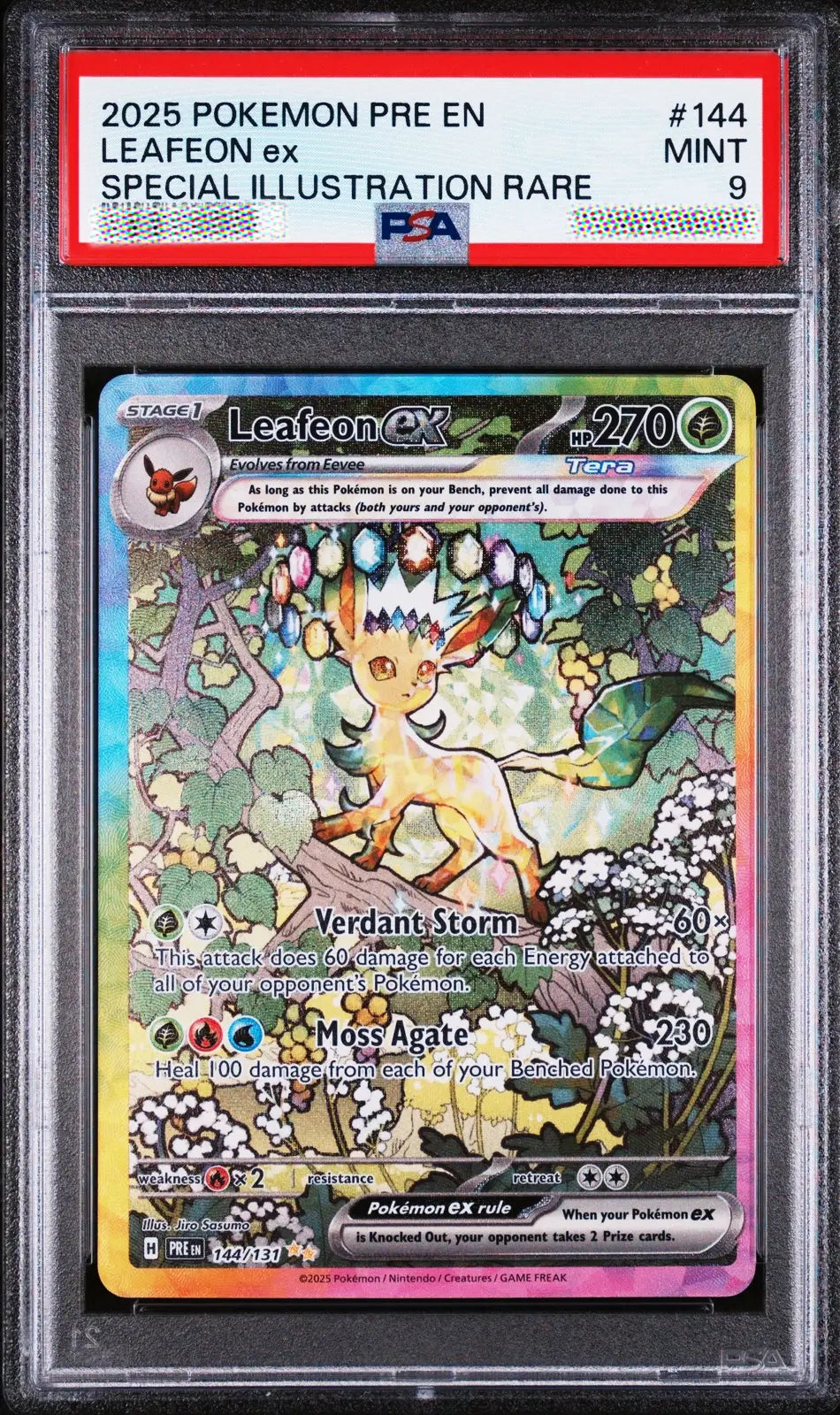Pokémon trading card featuring Leafeon EX with a PSA 9 grading label.