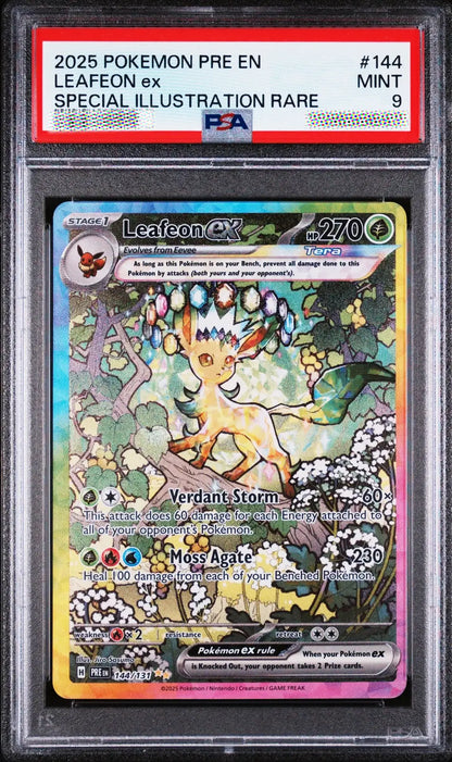 Pokémon trading card featuring Leafeon EX with a PSA 9 grading label.