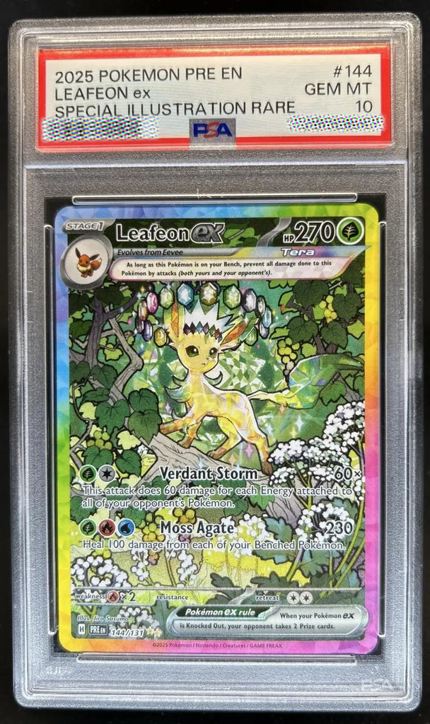 Pokémon trading card featuring Leafeon EX in a protective case with PSA grading label.