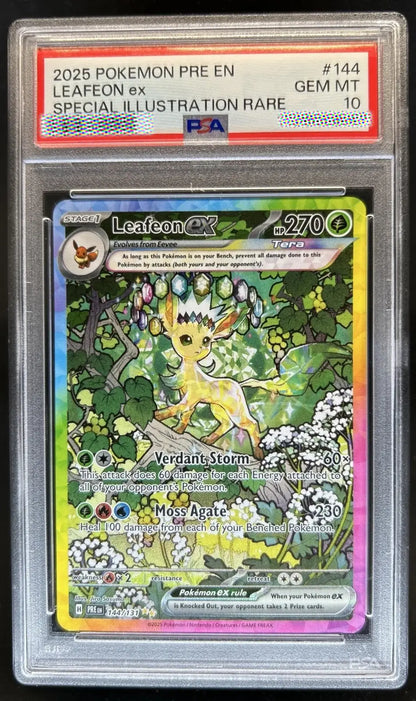 Pokémon trading card featuring Leafeon EX in a protective case with PSA grading label.