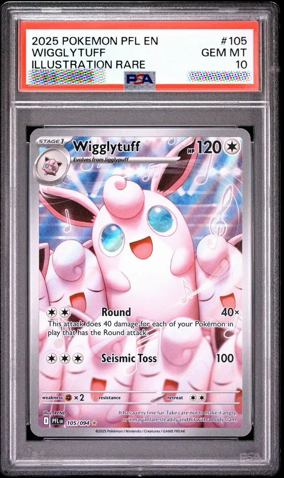 Pokémon trading card featuring Wigglytuff in a protective case with a grading label.