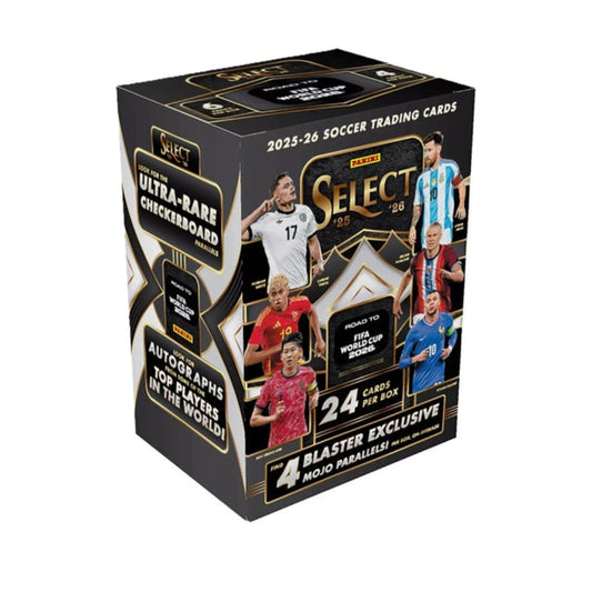 2025-26 Panini Select FIFA Road to the World Cup Soccer Trading Cards Blaster Box featuring international football stars, 24 cards per box, 4 exclusive Mojo parallels, autograph chase cards, and ultra-rare checkerboard parallels – collectible soccer trading card box for football fans and sports card collectors