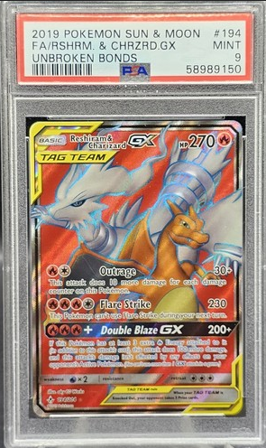 Pokémon Unbroken Bonds #194 reshiram and charizard gx Full Art Psa 9  (English Version)