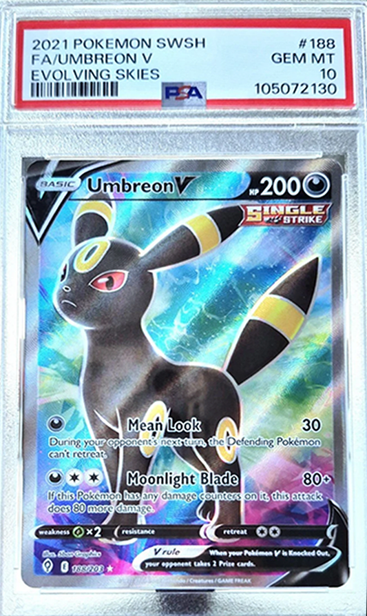 PSA 10 GEM MINT 💎 UMBREON V #188 FULL ART 2021 POKEMON SWSH EVOLVING SKIES Sold PSA 10 GEM MINT 💎 UMBREON V #188 FULL ART 2021 POKEMON SWSH EVOLVING SKIES  (English Version)