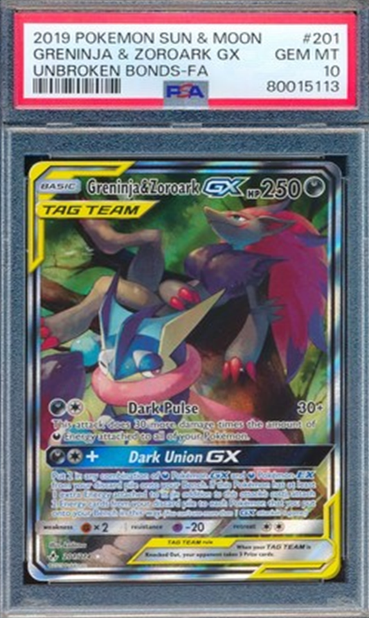 PSA 10 GRENINJA & ZOROARK GX 2019 POKEMON SUN & MOON UNBROKEN BONDS FULL ART 201  (English Version)