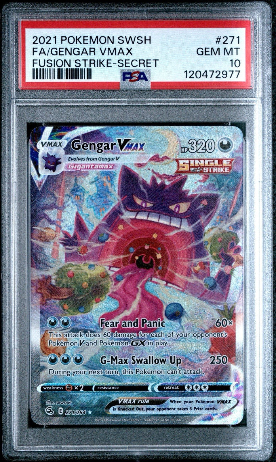 Gengar VMAX (Alternate Art Secret) 271/264 Swsh08: Fusion Strike Holo - PSA 10  (English Version)