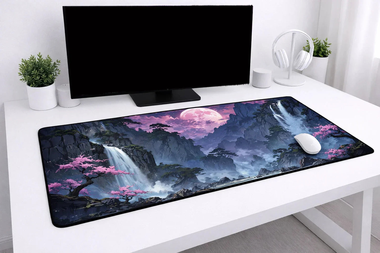 Aesthetic "Sakura Falls" XXL Gaming Mousepad – 24" x 12" Lo-Fi Waterfall Desk Mat - Poketcg.in