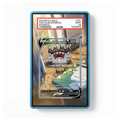 A rectangular blue-framed display or case containing a printed Pokémon card design, shown against a plain white background. The card artwork features a gray and white wolf-like Pokémon with red text boxes at the top labeled 'EXAMPLE LABLE' and 'PSA SLAB EXAMPLE,' plus a PSA logo.