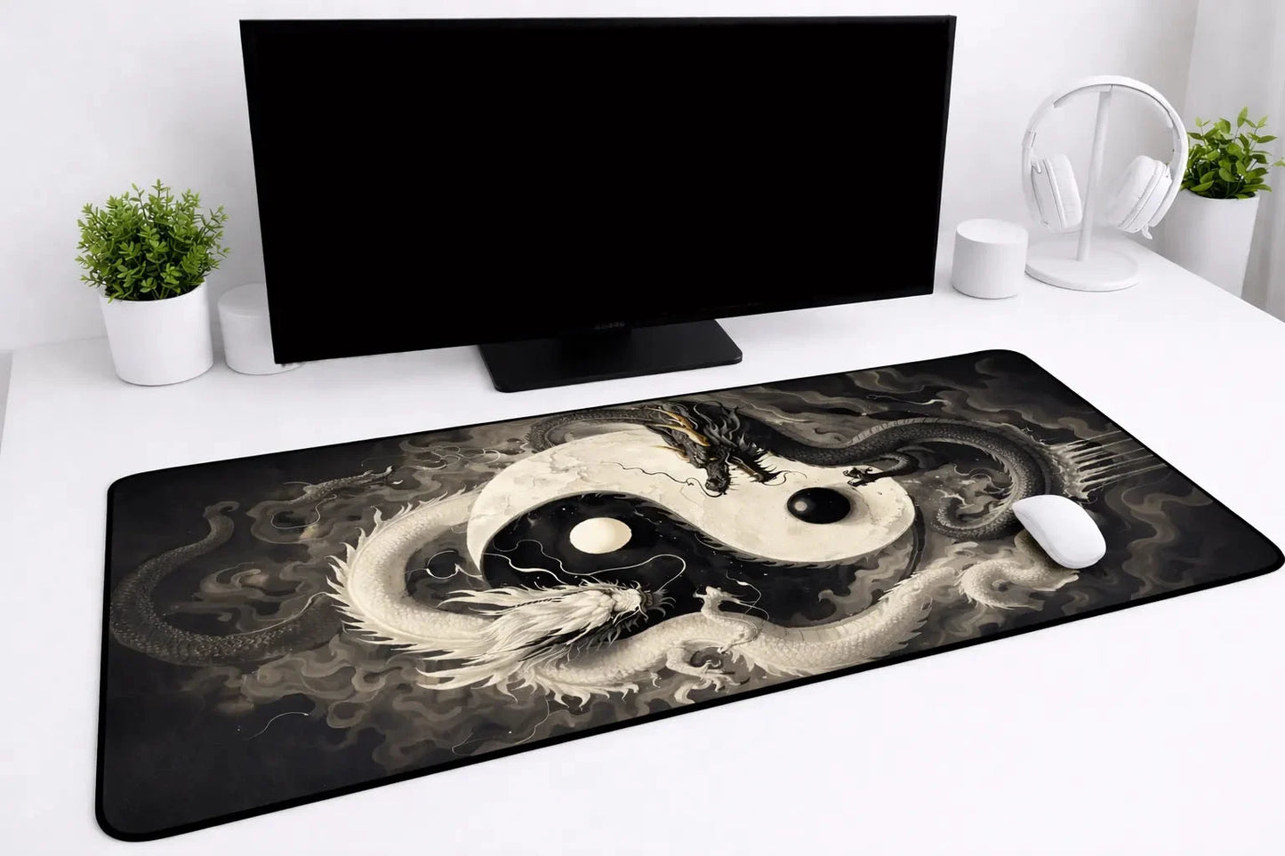 Aesthetic "Twin Dragons" Yin Yang XXL Gaming Mousepad – 24" x 12" Celestial Balance Desk Mat - Poketcg.in