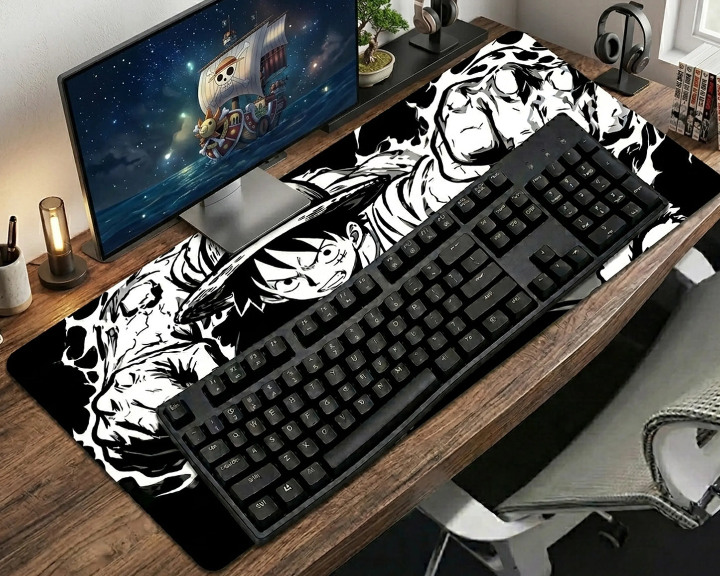 Luffy Black White Action Mousepad Anime Desk Mat XL One Piece Manga Style Gaming Mouse Pad Monochrome - PokeTCG