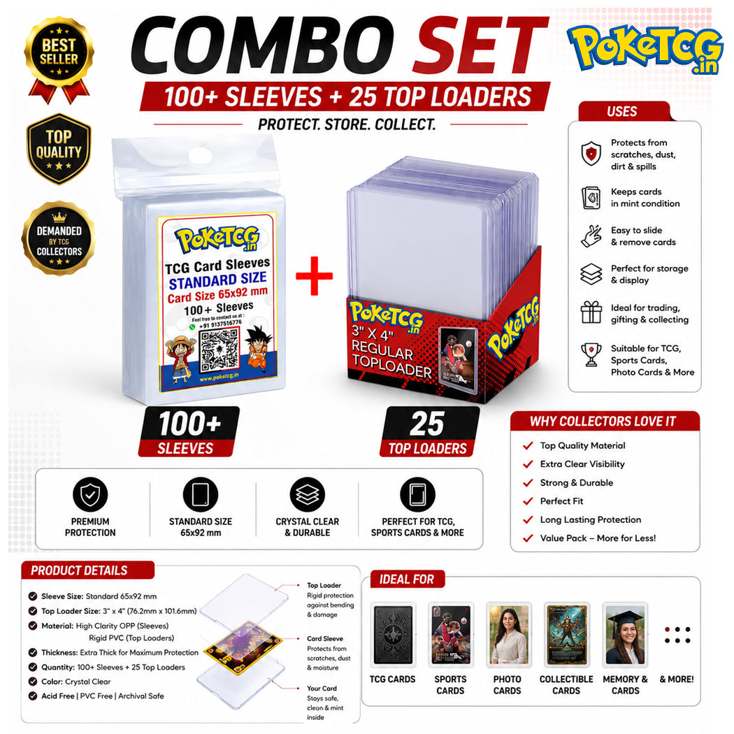 A promotional infographic for a Pokémon TCG combo set containing 100+ card sleeves and 25 top loaders. The image features product packaging mockups, detailed specifications, usage benefits, and ideal use cases on a clean white background.
