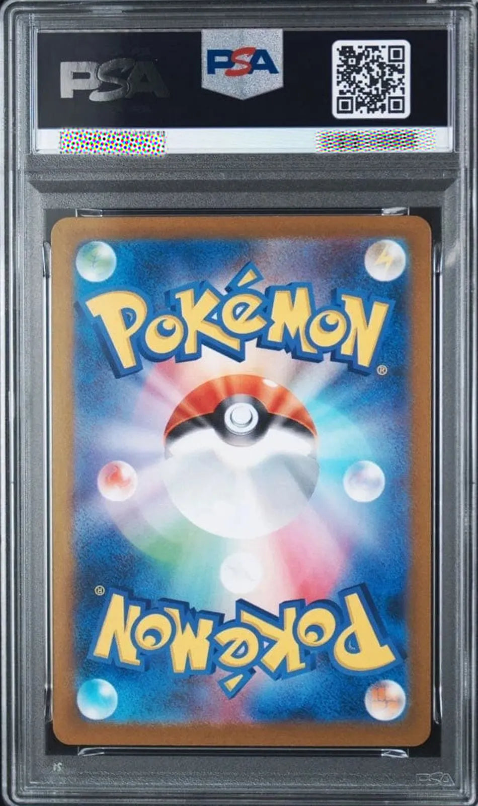 A graded PSA PSA+ Pokémon card featuring a blue and multicolor Pokémon card back with a central Pokémon Ball design, encapsulated in a clear PSA grading slab.