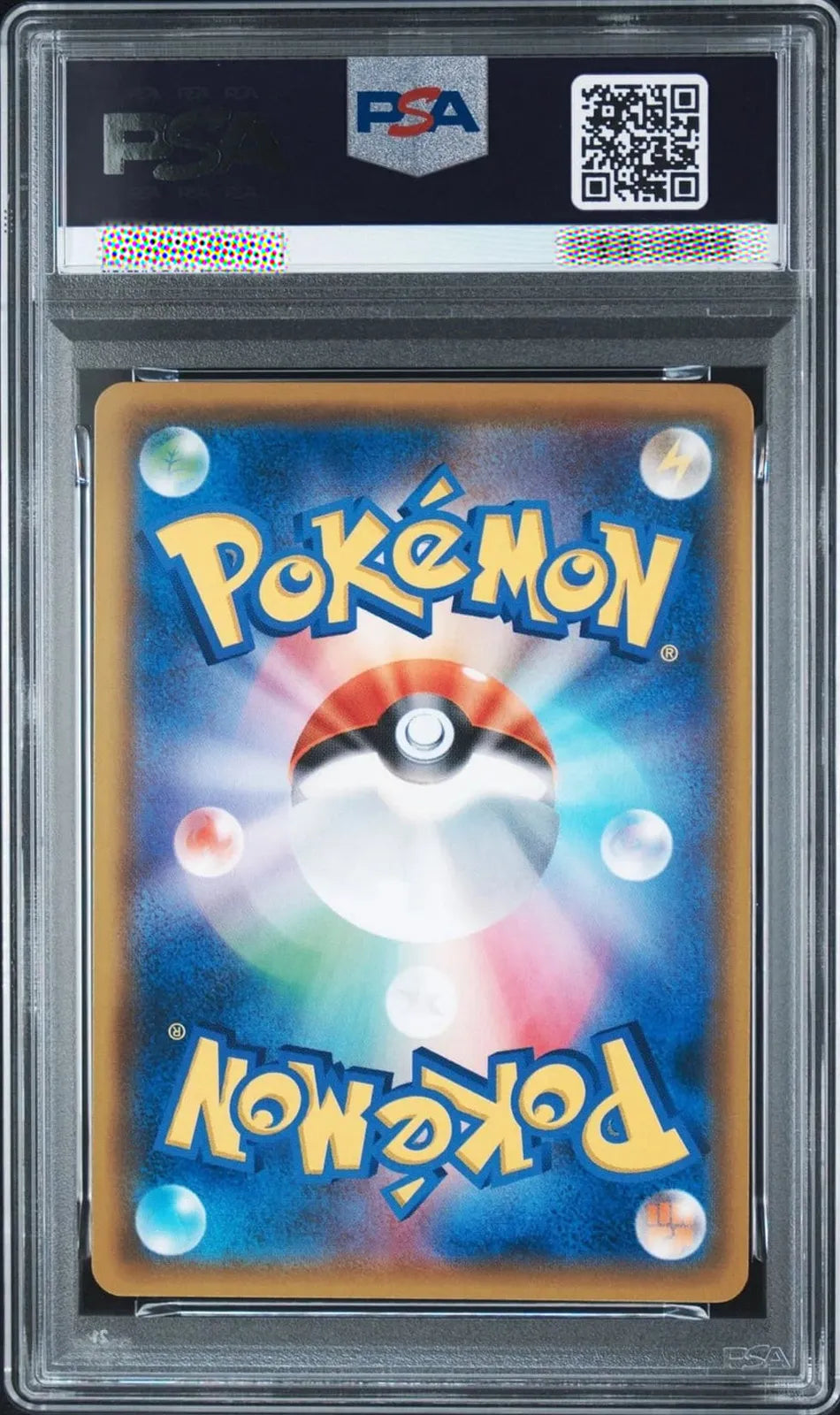 A graded PSA Pokémon card in a clear plastic grading case, featuring a blue card back with the Pokémon logo, a Pokéball illustration, and a black PSA header with a QR code.