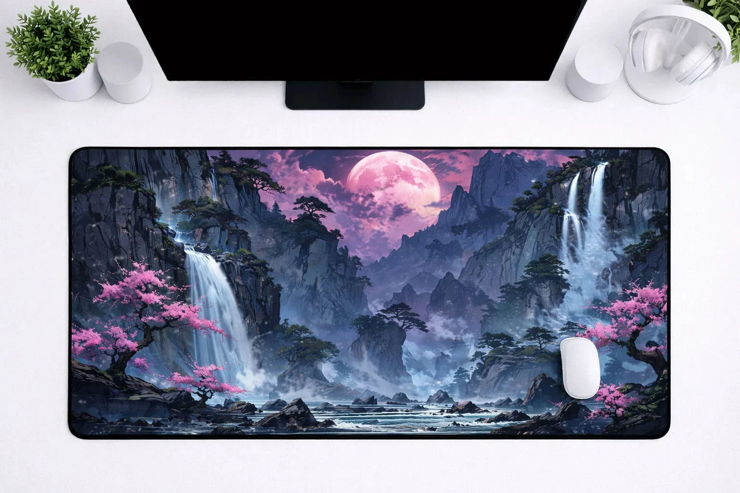 Aesthetic "Sakura Falls" XXL Gaming Mousepad – 24" x 12" Lo-Fi Waterfall Desk Mat - Poketcg.in
