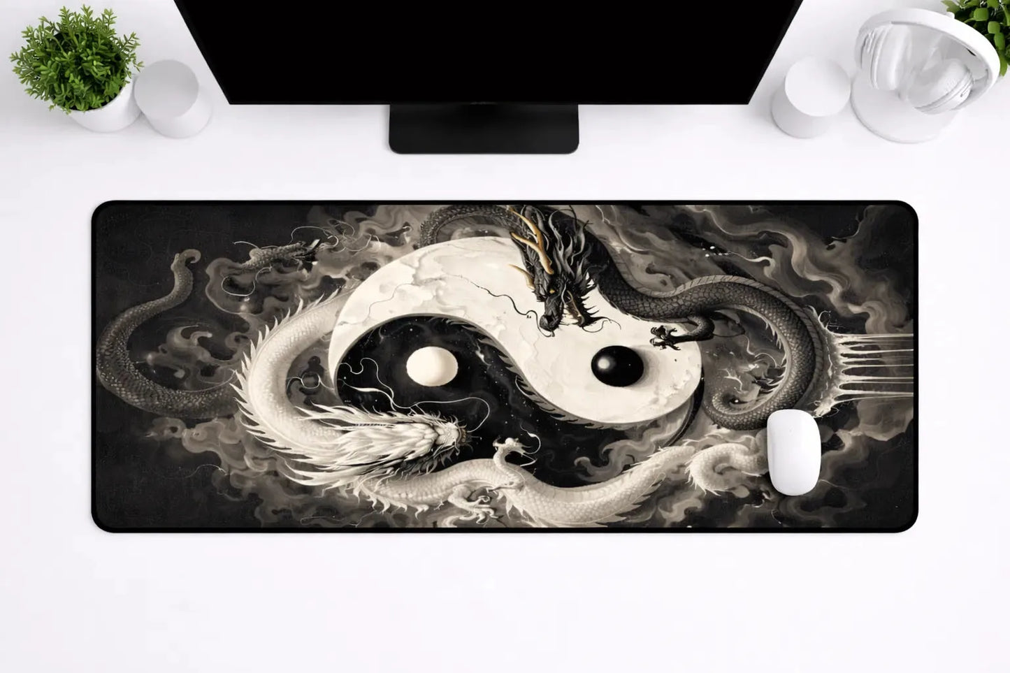 Aesthetic "Twin Dragons" Yin Yang XXL Gaming Mousepad – 24" x 12" Celestial Balance Desk Mat - Poketcg.in