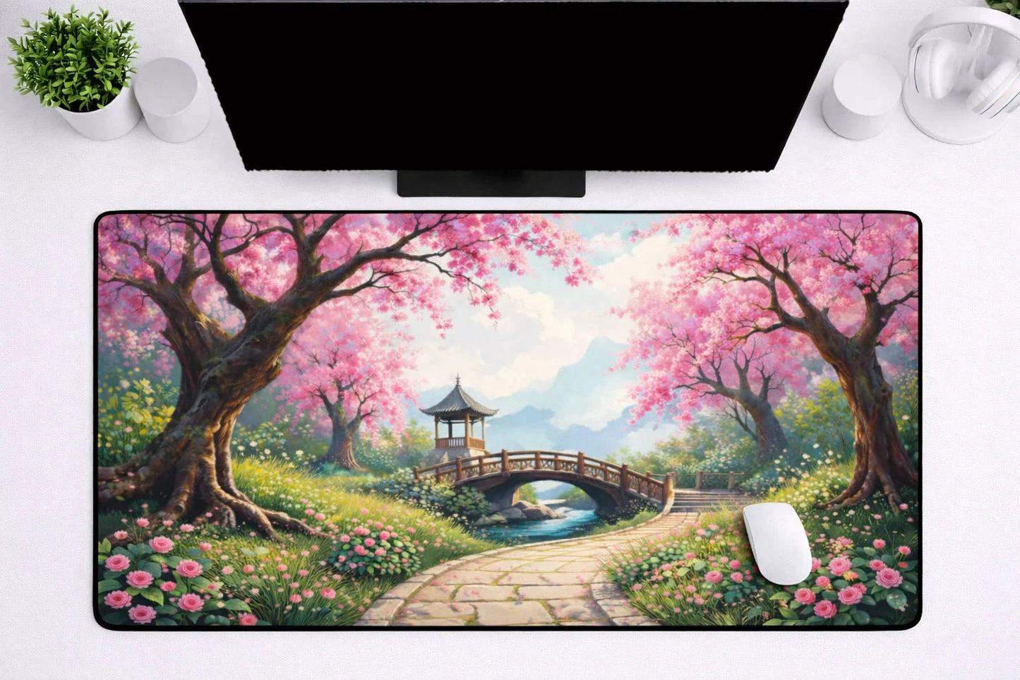 Aesthetic "Sakura Garden Path" XXL Gaming Mousepad – 24" x 12" Zen Landscape Desk Mat - Poketcg.in