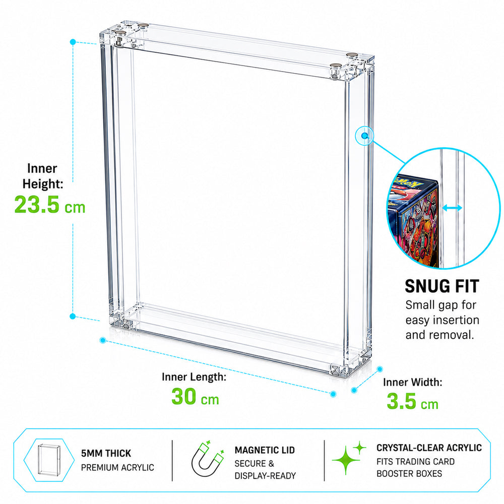 Clear acrylic display box with dimension labels showing inner height 23.5 cm, inner length 30 cm, and inner width 3.