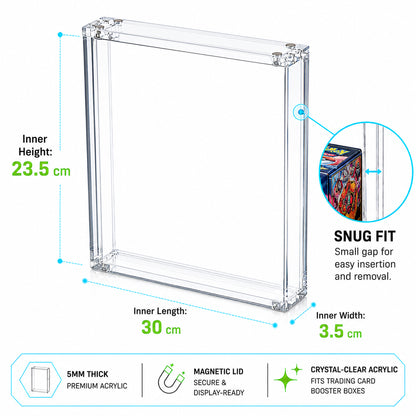 Clear acrylic display box with dimension labels showing inner height 23.5 cm, inner length 30 cm, and inner width 3.
