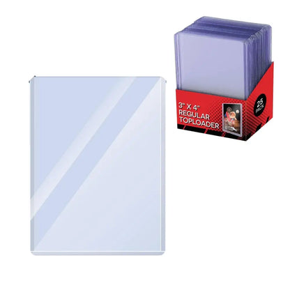 A single clear plastic toploader sheet shown next to a red retail box holding a stack of matching clear plastic toploaders. The box text reads '3" x 4" REGULAR TOPLOADER' and shows a small photo insert.
