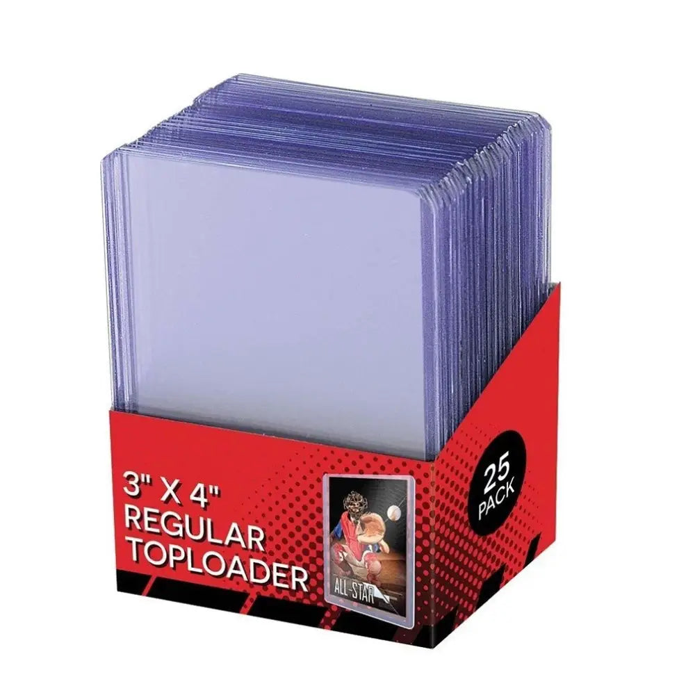 A 25-pack of 3x4 regular toploader photo sleeves in a red cardboard display box, shown on a plain white background.
