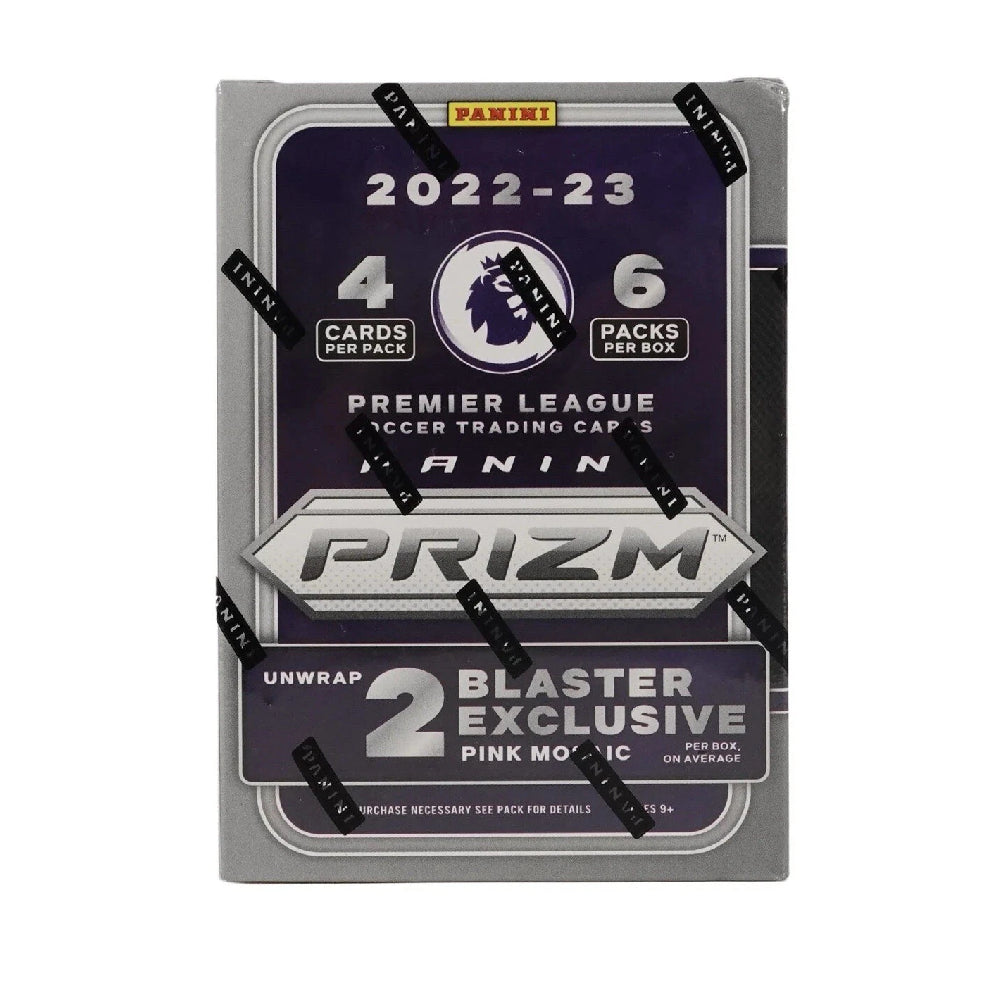 Panini 2022-23 Premier League Soccer Trading Cards Prizm box, featuring a purple and silver design with black tape strips across the front.