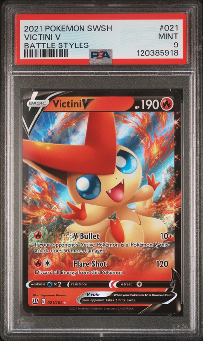 2021 POKEMON SWORD & SHIELD BATTLE STYLES #021 VICTINI V PSA 9