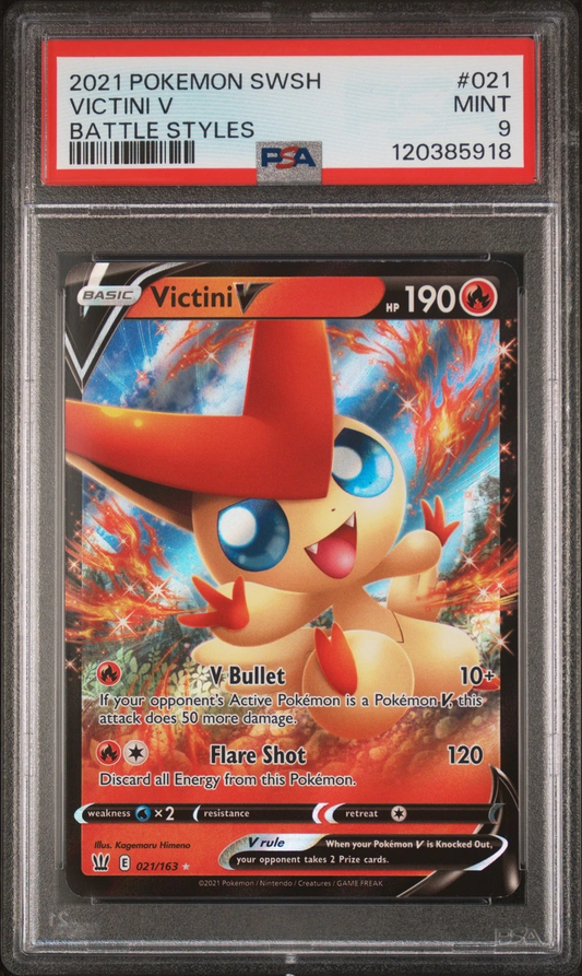 2021 POKEMON SWORD & SHIELD BATTLE STYLES #021 VICTINI V PSA 9