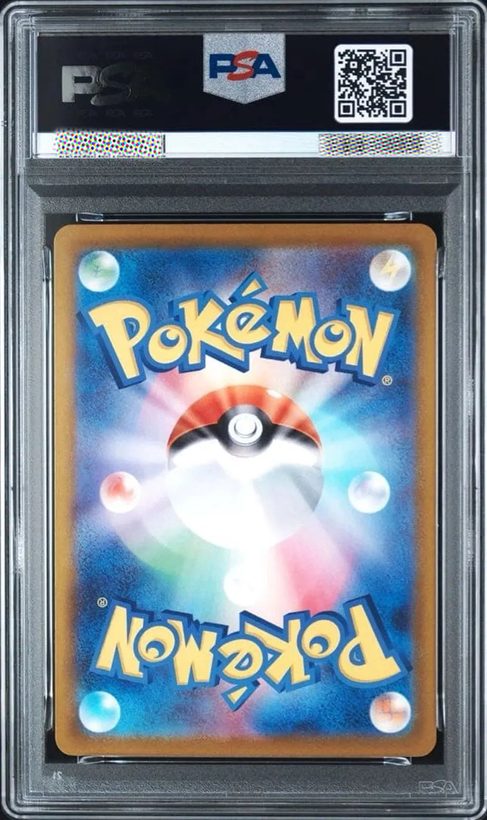 A graded Pokémon card in a clear PSA slab. The card features the classic blue and yellow Pokémon logo with a red and white Poké Ball in the center, set against a colorful light burst background.
