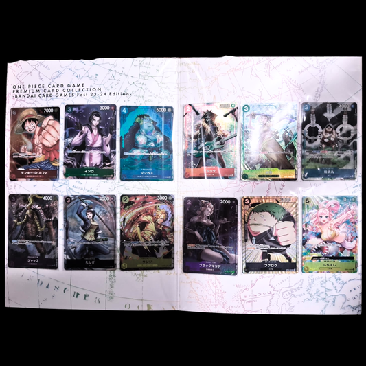 Collection of 'One Piece' themed trading cards in a binder