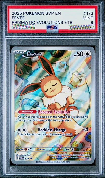 A graded Pokémon trading card of Eevee from the 2025 SVP EN set, sealed in a PSA protective case with a red graded label. The card is a shiny Eevee booster with a blue and multicolor holographic background.